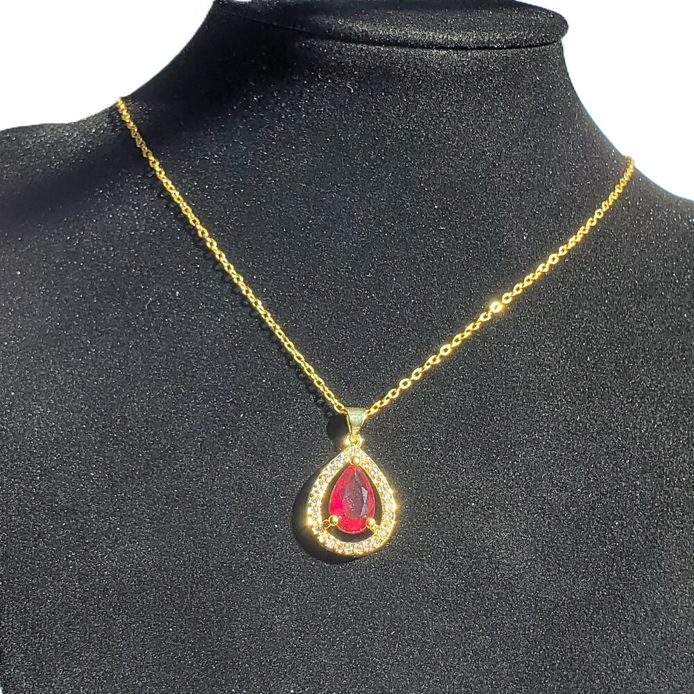 18K Gold Womens 1ct Diamond 2ct Red Ruby Teardrop Gemstone Necklace 16" 18" NEW